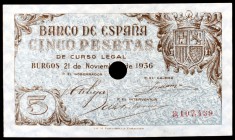 1936. Burgos. 5 pesetas. (Ed. D18 var). 21 de noviembre. Taladro central. Raro. S/C-.