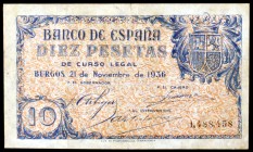 1936. Burgos. 10 pesetas. (Ed. D19). 21 de noviembre. Raro. MBC-.