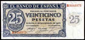 1936. Burgos. 25 pesetas. (Ed. D20a). 21 de noviembre. Serie R. Leve doblez. EBC-.