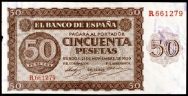 1936. Burgos. 50 pesetas. (Ed. D21a). 21 de noviembre. Serie R. Pequeñas roturas en borde izquierdo. EBC.