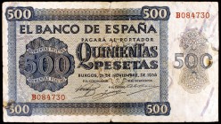 1936. Burgos. 500 pesetas. (Ed. D23). 21 de noviembre. Raro. BC+.