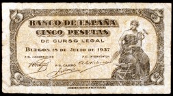 1937. Burgos. 5 pesetas. (Ed. D25). 18 de julio. Serie A. Escaso. BC+.