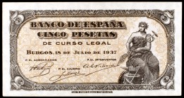 1937. Burgos. 5 pesetas. (Ed. D25a). 18 de julio. Serie B. Escaso. EBC.