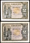 1938. Burgos. 2 pesetas. (Ed. D30a). 30 de abril. 2 billetes, serie E y N. MBC/EBC+.