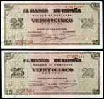 1938. Burgos. 25 pesetas. (Ed. D31a). 20 de mayo. Pareja correlativa, serie C. Leve doblez. EBC-.
