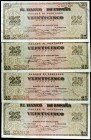 1938. Burgos. 25 pesetas. (Ed. D31a). 20 de mayo. Serie C. 4 billetes, un trío correlativo. Leve doblez. EBC-.