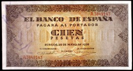 1938. Burgos. 100 pesetas. (Ed. D33a). 20 de mayo. Serie A. Leve doblez. Con apresto. EBC.