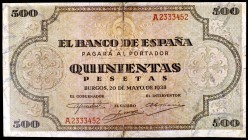 1938. Burgos. 500 pesetas. (Ed. D34). 20 de mayo. Serie A. Margen superior recortado. Reparaciones en doblez central. Raro. (BC+).