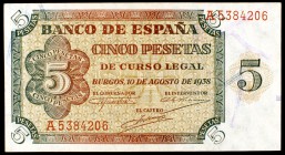1938. Burgos. 5 pesetas. (Ed. D36). 10 de agosto. Serie A. S/C-.