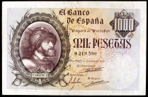 1940. 1000 pesetas. (Ed. D46). 21 de octubre, Carlos I. Dobleces, pero ejemplar con apresto. Raro. MBC.