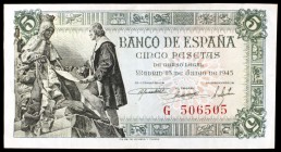 1945. 5 pesetas. (Ed. D50a). 15 de junio, Isabel y Colón. Serie G. EBC-.