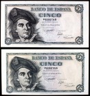 1948. 5 pesetas. (Ed. D56 y D56a). 5 de marzo, Elcano. Lote de 2 billetes, sin serie y serie M. EBC+/S/C-.