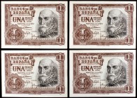 1953. 1 peseta. (Ed. D66a). 22 de julio, Marqués de Santa Cruz. Lote de 4 billetes correlativos, serie A. EBC-/EBC.