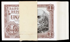 1953. 1 peseta. (Ed. D66a). 22 de julio, Marqués de Santa Cruz. Lote de 100 billetes correlativos, serie C, con faja de la FNMT. S/C-/S/C.