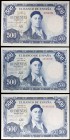 1954. 500 pesetas. (Ed. D69 y D69a). 22 de julio, Zuloaga. Lote de 3 billetes, sin serie (dos) y serie U. MBC+/EBC.