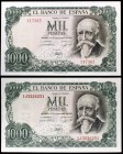 1971. 1000 pesetas. (Ed. D75 y 75a). 17 de septiembre, Echegaray. Lote de 2 billetes sin serie y serie 1J. S/C-.