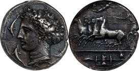 SICILY. Syracuse. Dionysios I, 406-367 B.C. AR Dekadrachm (43.17 gms), ca. 405-400 B.C. NGC EF, Strike: 5/5 Surface: 4/5. Fine Style.
HGC-2, 1298; Jo...