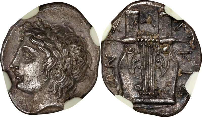 MACEDON. Chalkidian League. AR Tetrobol, Olynthos Mint, ca. 400 B.C. NGC Ch AU, ...
