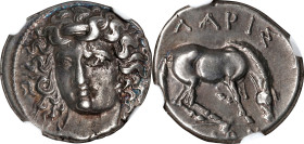 THESSALY. Larissa. AR Drachm (6.06 gms), ca. 365-356 B.C. NGC EF, Strike: 4/5 Surface: 4/5.
HGC-4, 454; BCD Thessaly II-315-6. Obverse: Head of the n...