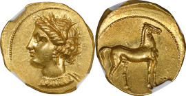 ZEUGITANA. Carthage. AV Stater (9.31 gms), Carthage Mint, ca. 350-320 B.C. NGC Ch AU, Strike: 4/5 Surface: 3/5. Scuffs.
MAA-4; SNG Cop-Unlisted. Obve...