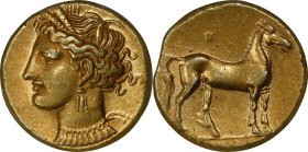 ZEUGITANA. Carthage. EL Stater (7.48 gms), Carthage Mint, ca. 290-270 B.C. ANACS AU-50.
MAA-13; SNG Cop-Unlisted. Obverse: Wreathed head of Tanit lef...