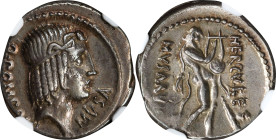 ROMAN REPUBLIC. Q. Pomponius Musa. AR Denarius (3.93 gms), Rome Mint, 56 B.C. NGC EF, Strike: 4/5 Surface: 4/5.
Cr-410/1; Syd-810. Obverse: Diademed ...