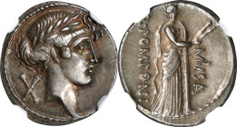 ROMAN REPUBLIC. Q. Pomponius Musa. AR Denarius (3.96 gms), Rome Mint, 56 B.C. NGC AU★, Strike: 5/5 Surface: 5/5
Cr-410/5; Syd-815. Obverse: Laureate ...