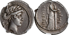 ROMAN REPUBLIC. Q. Pomponius Musa. AR Denarius (3.89 gms), Rome Mint, 56 B.C. NGC Ch EF, Strike: 4/5 Surface: 5/5.
Cr-410/5; Syd-815. Obverse: Laurea...
