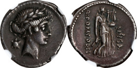 ROMAN REPUBLIC. Q. Pompeius Musa. AR Denarius (3.69 gms), Rome Mint, 56 B.C. NGC Ch EF, Strike: 5/5 Surface: 4/5.
Cr-410/7A; Syd-719A. Obverse: Laure...