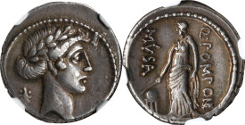 ROMAN REPUBLIC. Q. Pomponius Musa. AR Denarius (3.89 gms), Rome Mint, 56 B.C. NGC Ch EF★, Strike: 5/5 Surface: 5/5.
Cr-410/8; Syd-823. Obverse: Laure...