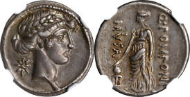 ROMAN REPUBLIC. Q. Pomponius Musa. AR Denarius (3.80 gms), Rome Mint, 56 B.C. NGC Ch EF, Strike: 5/5 Surface: 4/5. Scratch.
Cr-410/8; Syd-823. Obvers...