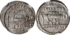 ROMAN REPUBLIC. Q. Pompeius Rufus. AR Denarius (3.75 gms), Rome Mint, 54 B.C. NGC MS, Strike: 5/5 Surface: 4/5.
Cr-434/2; Syd-909. Obverse: Curule ch...