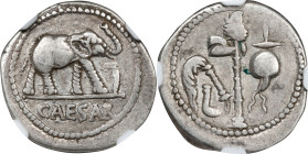 JULIUS CAESAR. AR Denarius (3.46 gms), Military Mint Traveling with Caesar, 49 B.C. NGC Ch VF, Strike: 5/5 Surface: 3/5. Scratches, Banker's Mark.
Cr...