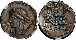JULIUS CAESAR. AR Denarius (3.76 gms), Military Mint traveling with Caesar in Spain, 46-45 B.C. NGC AU, Strike: 4/5 Surface: 5/5. Flan Flaw.
Cr-468/2...