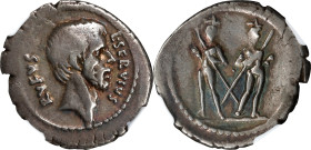 L. SERVIUS RUFUS. AR Denarius (3.82 gms), Rome Mint, 43 B.C. NGC Ch F★, Strike: 5/5 Surface: 5/5.
Cr-515/2; CRI-324; Syd-1082. Obverse: Bare head (of...