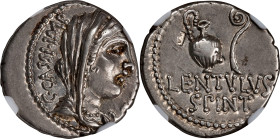 CASSIUS LONGINUS. AR Denarius (3.76 gms), Military Mint, probably at Smyrna, 42 B.C. NGC Ch EF, Strike: 3/5 Surface: 4/5. Banker's Mark.
Cr-500/5; CR...