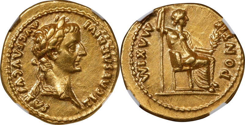 TIBERIUS, A.D. 14-37. AV Aureus (7.78 gms), Lugdunum Mint, A.D. 18-35. NGC AU, S...