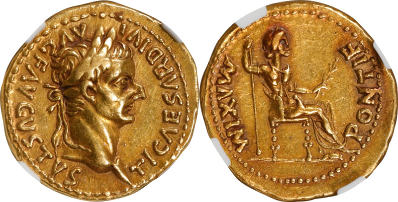 TIBERIUS, A.D. 14-37. AV Aureus (7.75 gms), Lugdunum Mint, A.D. 36-37. NGC EF, S...