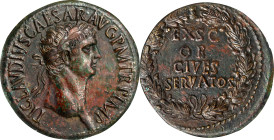 CLAUDIUS, A.D. 41-54. AE Sestertius (30.75 gms), Rome Mint. NGC AU, Strike: 5/5 Surface: 3/5. Smoothing.
RIC-96. Obverse: Laureate head right; Revers...