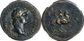 NERO, A.D. 54-68. AE Sestertius (27.53 gms), Rome Mint, ca. A.D. 64-66. NGC Ch EF, Strike: 5/5 Surface: 2/5. Fine Style. Smoothing.
RIC-170. Obverse:...
