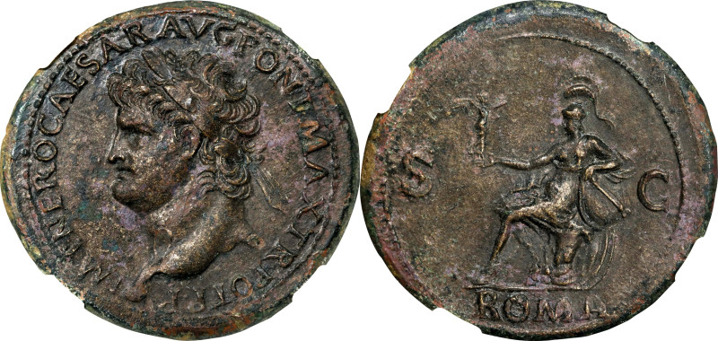 NERO, A.D. 54-68. AE Sestertius (27.21 gms), Lugdunum Mint, ca. A.D. 66. NGC AU,...