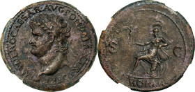 NERO, A.D. 54-68. AE Sestertius (27.21 gms), Lugdunum Mint, ca. A.D. 66. NGC AU, Strike: 5/5 Surface: 3/5. Fine Style. Light Smoothing.
RIC-517. Obve...