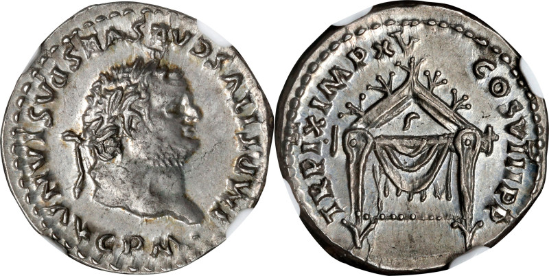 TITUS, A.D. 79-81. AR Denarius (3.52 gms), Rome Mint, A.D. 80. NGC Ch AU★, Strik...