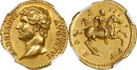 HADRIAN, A.D. 117-138. AV Aureus (7.23 gms), Rome Mint, ca. A.D. 125-126/7. NGC Ch EF, Strike: 5/5 Surface: 2/5. Fine Style. Ex Jewelry.
RIC-1052; Ca...