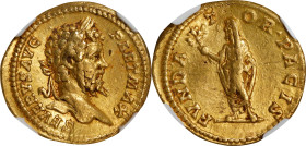 SEPTIMIUS SEVERUS, A.D. 193-211. AV Aureus (7.26 gms), Rome Mint, A.D. 201. NGC EF, Strike: 5/5 Surface: 1/5. Bent, Edge Filing, Marks.
RIC-160; Cal-...