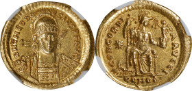 THEODOSIUS II, A.D. 402-450. AV Solidus (4.39 gms), Constantinople Mint, 10th Officina, A.D. 408-420. NGC MS, Strike: 5/5 Surface: 3/5. Clipped.
RIC-...
