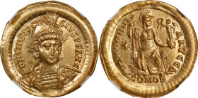 THEODOSIUS II, A.D. 402-450. AV Solidus (4.47 gms), Constantinople Mint, 4th Officina, A.D. 408-420. NGC Ch AU, Strike: 5/5 Surface: 4/5. Edge Folds....