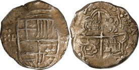 BOLIVIA. Cob 8 Reales, 1619-P T. Potosi Mint. Philip III. PCGS VF-35.
KM-10; Cal-927. Weight: 26.98 gms. Struck on a fairly round flan, somewhat atyp...