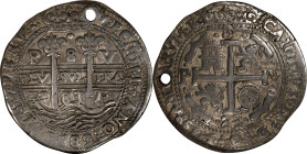 BOLIVIA. "Royal" Presentation Cob 8 Reales, 1683-P V. Potosi Mint. Charles II. NGC AU Details--Holed.
KM-R26; Cal-679. A VERY RARE and desirable type...