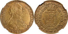 BOLIVIA. 8 Escudos, 1785-PTS PR. Potosi Mint. Charles III. NGC AU Details--Cleaned.
Fr-1; KM-59; Cal-2070. Emanating from the waning years in the rei...
